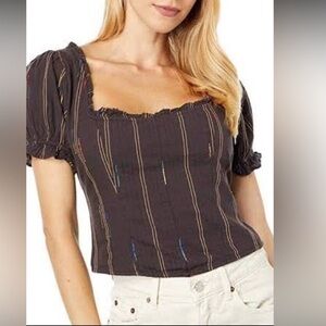 Free People Dark Brown Striped Square-Neck Crop Top